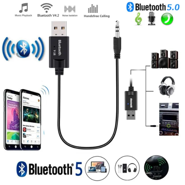 ตัวรับสัญญาณบลูทู ธ USB In-Line มินิแจ็คตัวรับสัญญาณเสียง 3.5 มม. อะแดปเตอร์อุปกรณ์เชื่อมต่ออัตโนมัติแจ็ค 3.5 มม
