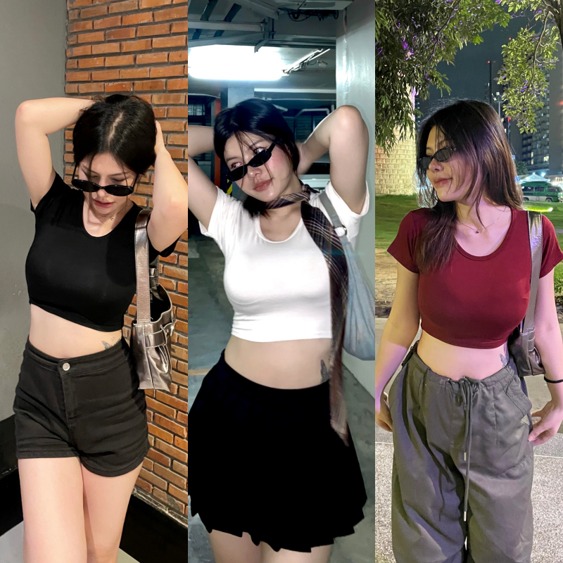 เสื้อครอปคอกลมแขนสั้น ผ้าเรย่อนยืดเยอะมาก สาวอวบใส่ได้ค่า 🫧พร้อมส่งทุกสี รุ่น ครอปเรียบ B-045-3-AAA