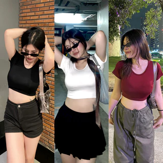 เสื้อครอปคอกลมแขนสั้น ผ้าเรย่อนยืดเยอะมาก สาวอวบใส่ได้ค่า 🫧พร้อมส่งทุกสี รุ่น ครอปเรียบ B-045-3-AAA