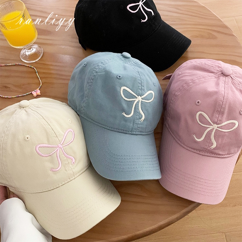 ส่งเร็ว🌼หมวกเบสบอลลําลองปักลายโบว์สไตล์เกาหลีแฟชั่นหมวกกันแดดสำหรับผู้ชายและผู้หญิง-Ranliyy