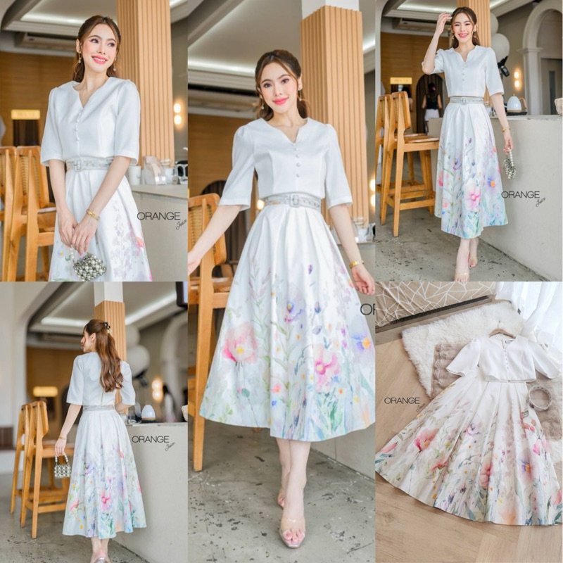 🧡พร้อมส่ง S M XL🧡ป้าย Orange Juice💕Set เสื้อ กระโปรงสีขาว พิมพ์ลายดอกไม้ +เข็มขัด ชุดออกงาน