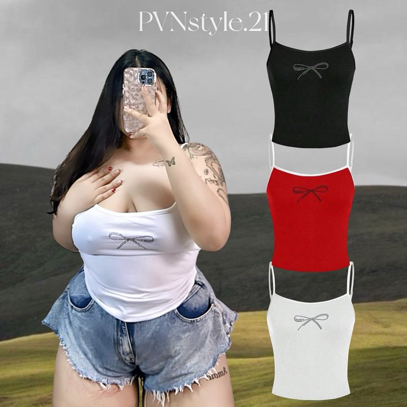 เสื้อสายเดี่ยวy2kสาวอวบ ดีเทลแต่งโบว์น่ารัก อก34-46