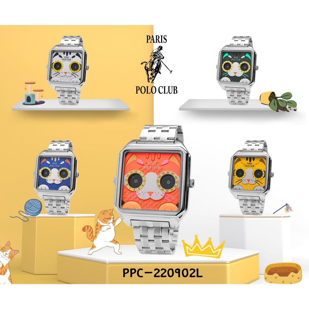 PPC-220902L นาฬิกาทาสแมว นาฬิกาผู้หญิง ทาสแมว นาฬิกาข้อมือ กันน้ำได้ ประกัน1ปี Paris Polo Club
