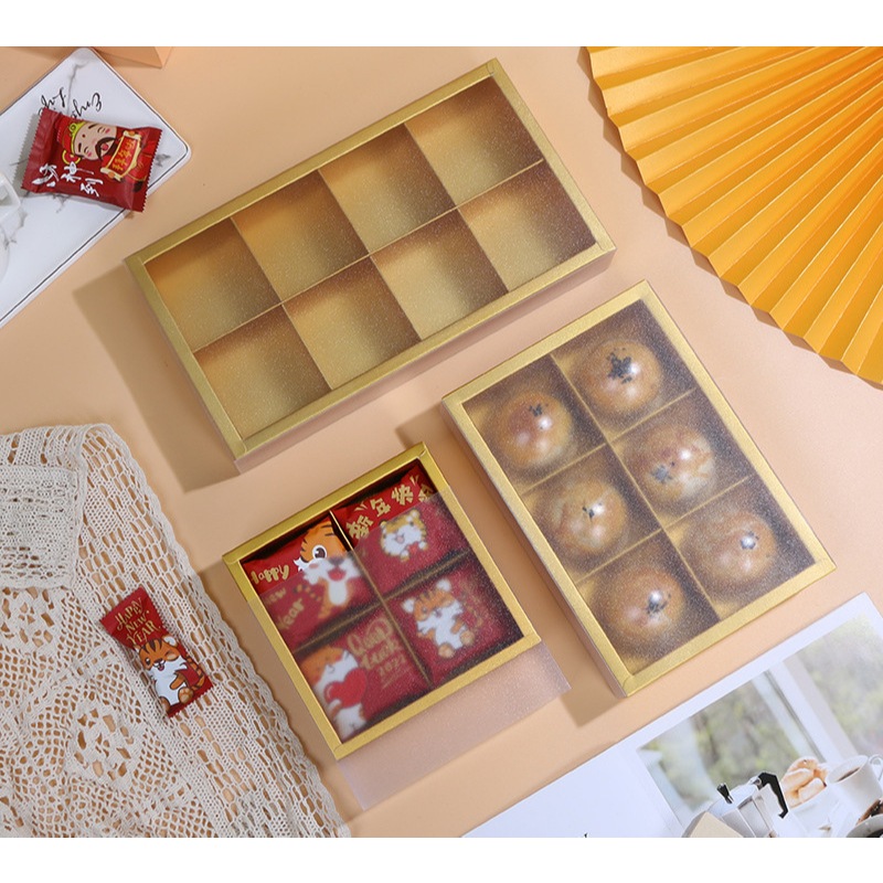 กล่องขนมเปี๊ยะ พร้อมที่แบ่งช่อง  และฝาพลาสติก (1แพ็ค:10ชุด)