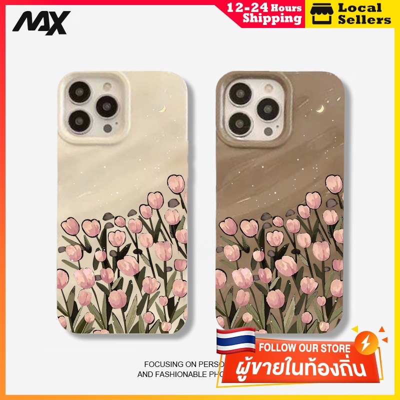 ส่งจากไทยเคส iphone 7P 8P 11 13 14 Pro Max กล้องป้องกันมิตรกับสิ่งแวดล้อมกันกระแทกดอก ดอกทิวลิปสด