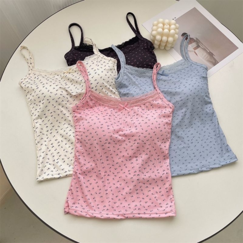 เสื้อกล้ามสายเดี่ยวลายดอกไม้ ฟองน้ำในตัว