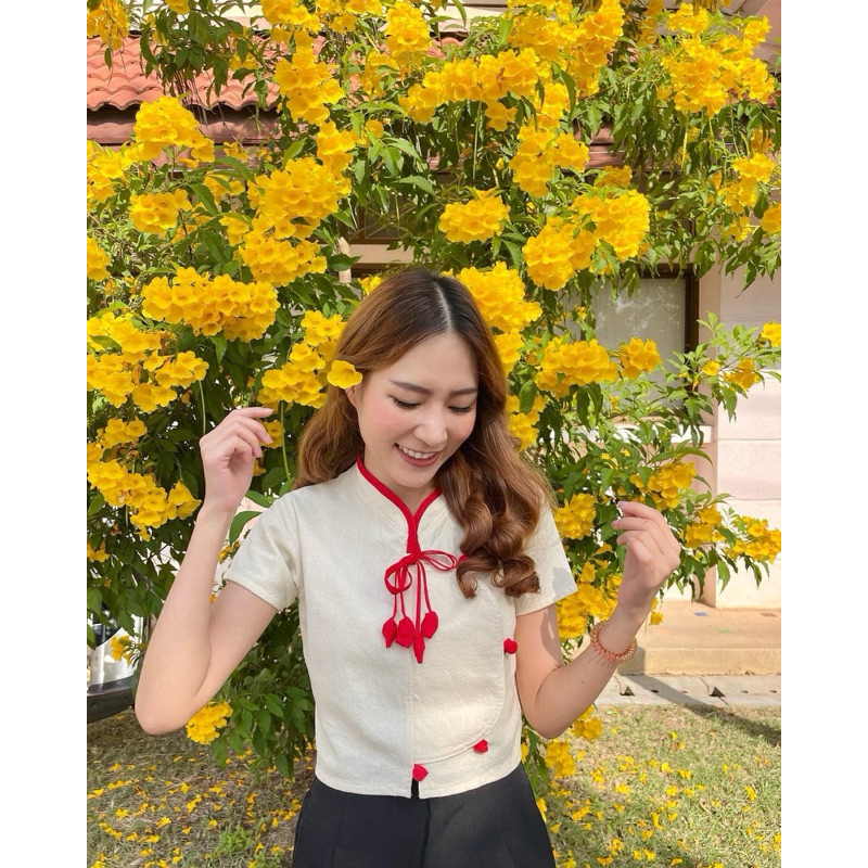 เสื้อคอจีนผ้าฝ้ายแต่งโบว์