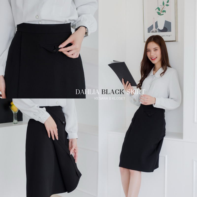 กระโปรงทำงานเอวสูง ทรงป้ายหน้าแต่งกระดุม ยาว24' Dahlia Skirt