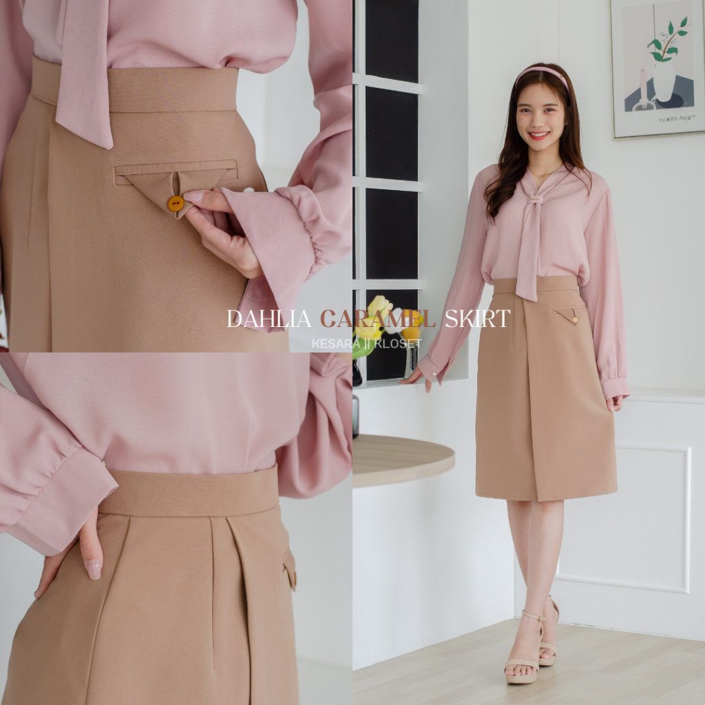 กระโปรงทำงานเอวสูง ทรงป้ายหน้าแต่งกระดุม ยาว24' Dahlia Skirt