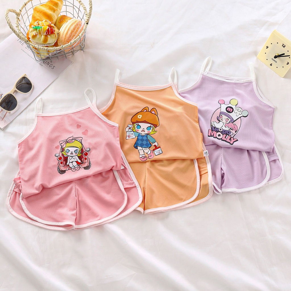 ชุดเสื้อสายเดี่ยวลําลอง ผ้าเรยอน ขนาดเล็ก แฟชั่นฤดูร้อน สําหรับเด็กผู้หญิง วัยหัดเดิน มีสองชิ้น🌈