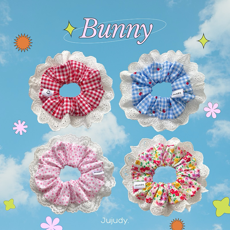 ౨ৎ Scrunchies - Bunny ౨ৎ ยางรัดผมเเต่งขอบลูกไม้น่ารักๆ ลายสก๊อต ดอกไม้ Jujudy.shop