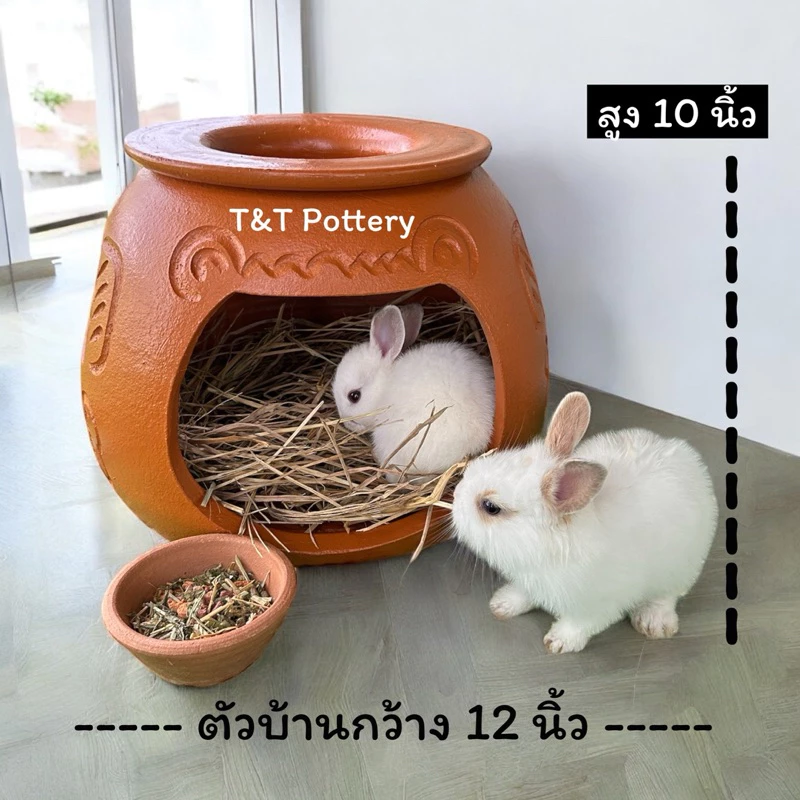 บ้านกระต่าย บ้านแมวน้อย บ้านดินเผาคลายร้อน 10/12 นิ้ว แถมถ้วยอาหารฟรี