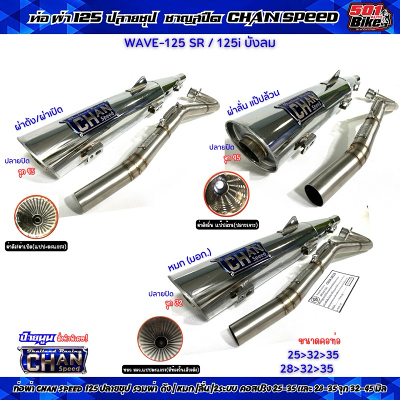 ท่อผ่าชาญสปีด Wave-125 s/r/125i บังลม ปลายชุปเลส CHAN SPEED คอไล่สปริง 25-35/28-35 มี มอก.