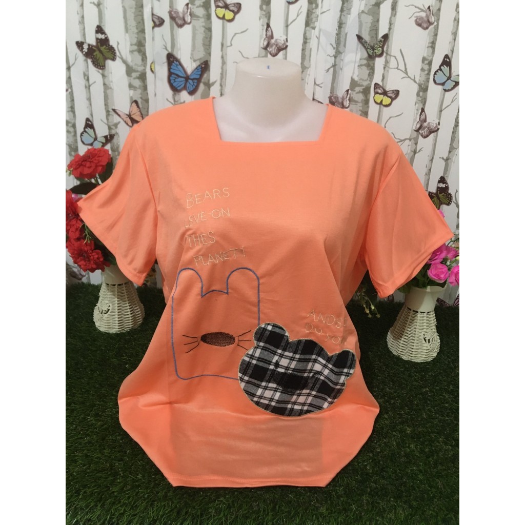 เสื้อยืด เสื้อยืดคอสี่เหลี่ยมแขนสั้น สไตล์เกาหลี สําหรับผู้หญิง ผ้าใส่สบายไม่ร้อน รุ่น9229-หมีสก็อต