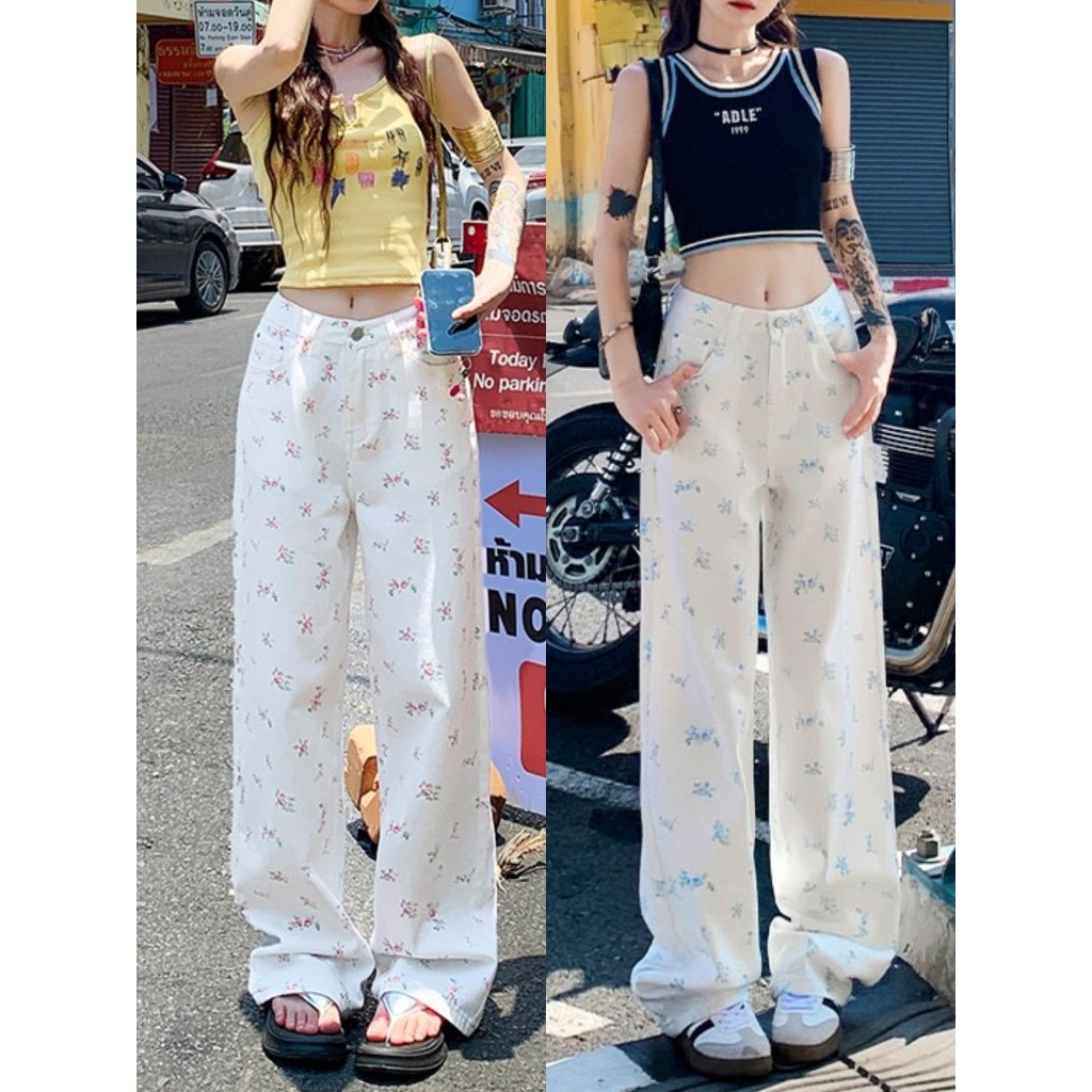XS-2XL กางเกงยีนส์เอวสูง กางเกงขากระบอก ผ้ายีนส์นุ่ม ลายดอกไม้ ถ่ายรูปสวยมาก #J1118