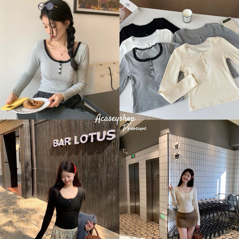 Acasey เสื้อยืดผู้หญิง คอกระดุม แขนยาว แต่งลูกไม้เพิ่มควา สวยหวาน หยิบใส่ได้ทุกวัน ผ้านุ่มๆไม่บาง งานสวย