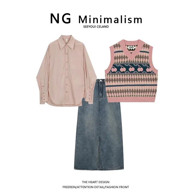 พร้อมส่ง ชุดเซท3ชิ้น เสื้อกั๊กถัก+เสื้อเชิ้ตแขนยาว+กระโปรงยีนส์ สีหวาน ชุดเซ็ตสไตล์สาวเกาหลี