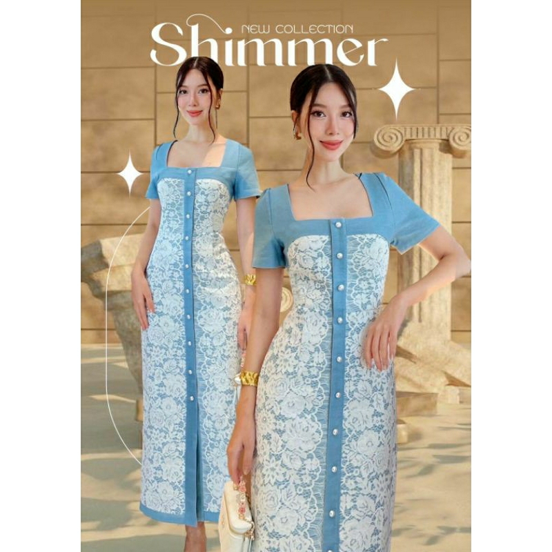 (S-XL)Shimmer พร้อมส่งเดรสคอเหลี่ยมแขนสั้น เนื้อผ้าเดนิมฟอกนิ่มใส่สบายเคลือบด้วยลูกไม้ขาวตัดกับสีเดรสเแต่งกระดุมมุก