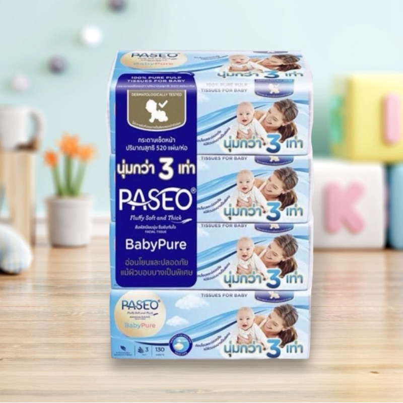 Paseo พาซิโอ กระดาษทิชชู่เช็ดหน้า เบบี้เพียวซอฟท์แพ็ค 130 แผ่น/ห่อ (1 แพ็ค มี 4 ห่อ)