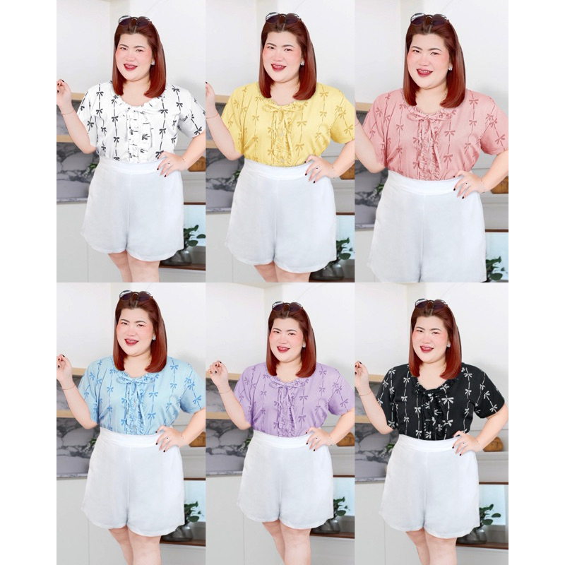 RN482.เสื้อสาวอวบ แต่งระบาย ผ้าลายโบว์ อก50"