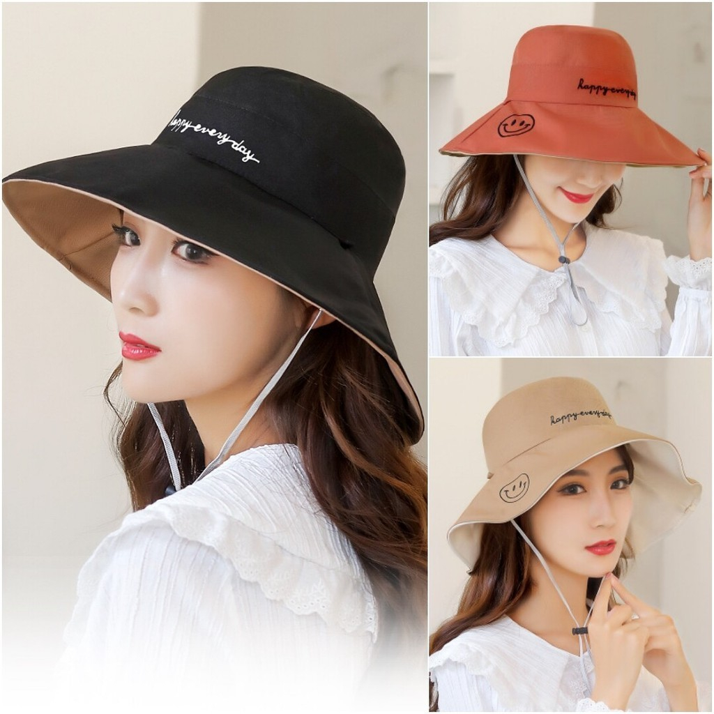 หมวกกันแดด หมวกใส่ไปเที่ยว หมวกแฟชั่น หมวกเที่ยวทะเล หมวกสวยๆ ใส่ได้ 2 ด้าน มีเชือกรัดคาง มี 7 สี