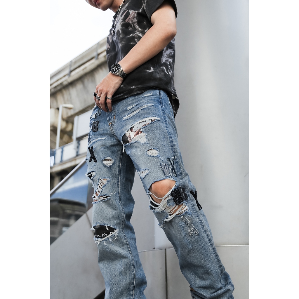 Bad Example Nude Patch Collection(กางเกงยีนส์ฟอกขาด ทรงกระบอกเล็กเข้ารูป คอลเล็คชั่น นู้ดแพช)