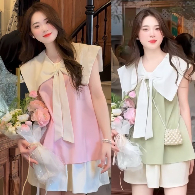 Cute Collection Set ชุดเซ็ต2ชิ้น เสื้อคอปกโบว์แขนกุด+กระโปรงกางเกง สวยน่ารัก ลุคลูกคุณ ใส่ไปเที่ยว ไปคาเฟ่ถ่ายรูปเก๋ๆ