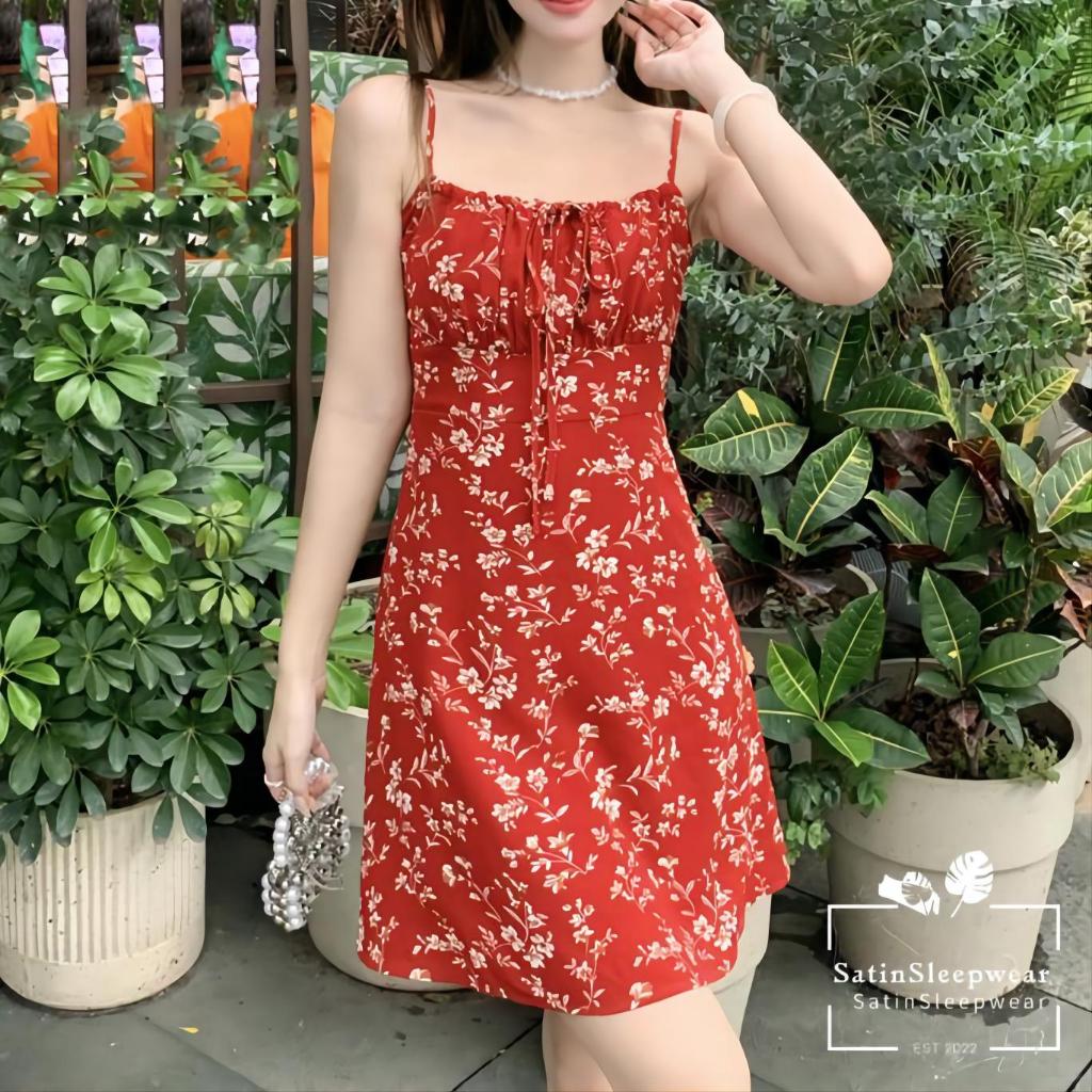 SatinSleepwear💖💖ชุดเดรสลายดอก ใหม่ฤดูร้อนกระโปรงสั้นสีแดง🌹🌹 ลายดอกไม้ สไตล์เรโทร สวมใส่สบาย.