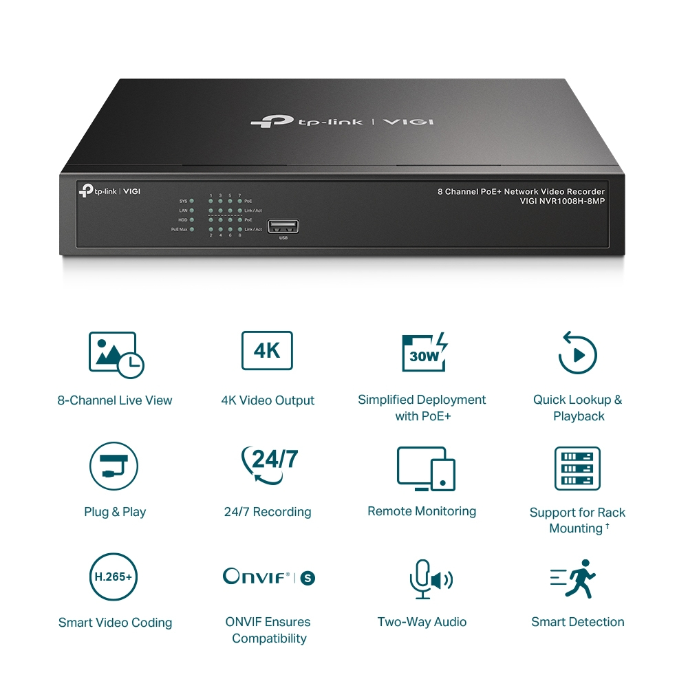 TP-Link VIGI 8 Channel PoE+ Network Video Recorder รุ่น VIGI NVR1008H-8MP
