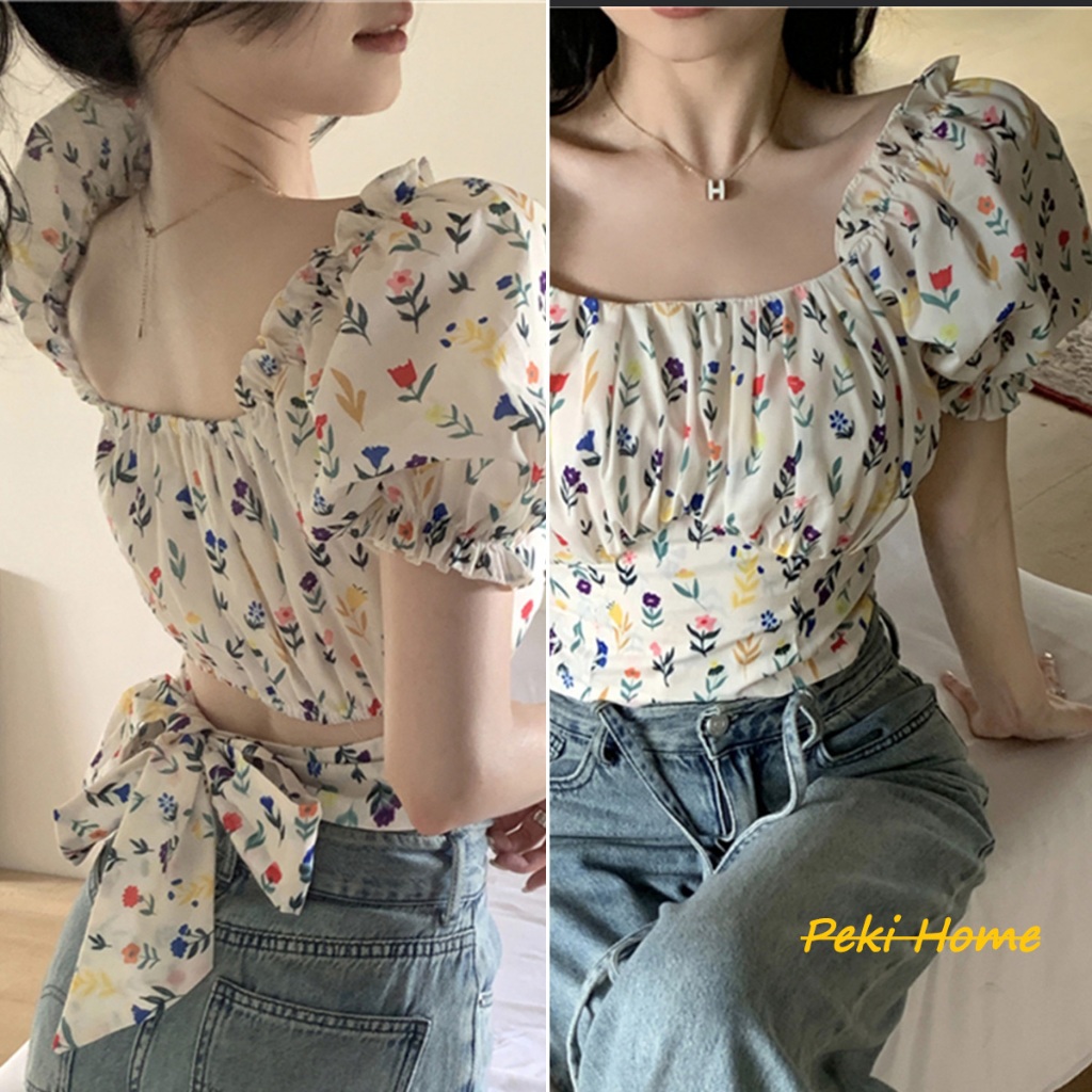 เสื้อครอปลายดอกไม้ แฟชั่นเกาหลีสุดน่ารัก เสื้อครอปแขนตุ๊กตาสำหรับผู้หญิง