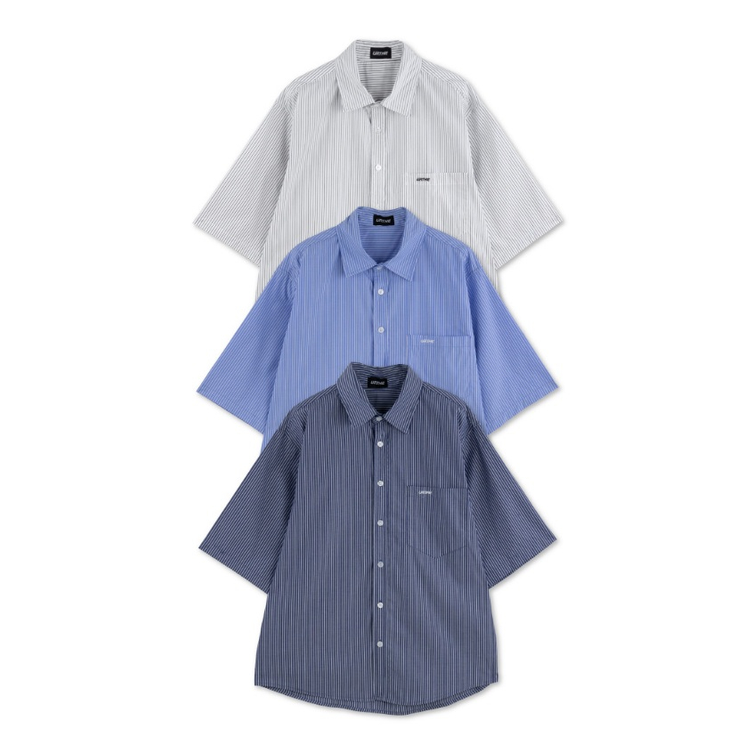 URTHE - เสื้อเชิ้ต ลายทาง แขนสั้น ทรง Oversized รุ่น ST SHIRT