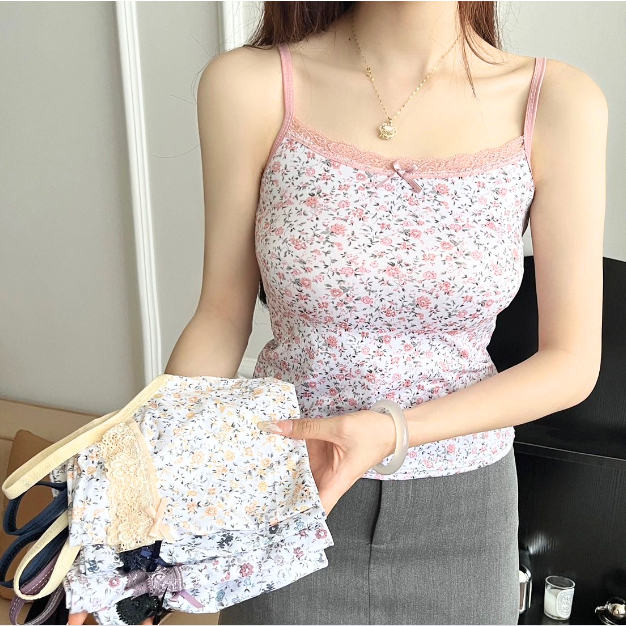 สายเดี่ยวแฟชั่น แต่งลายดอกไม้ สไตล์มินิมอล สุดน่ารัก พร้อมส่ง A154