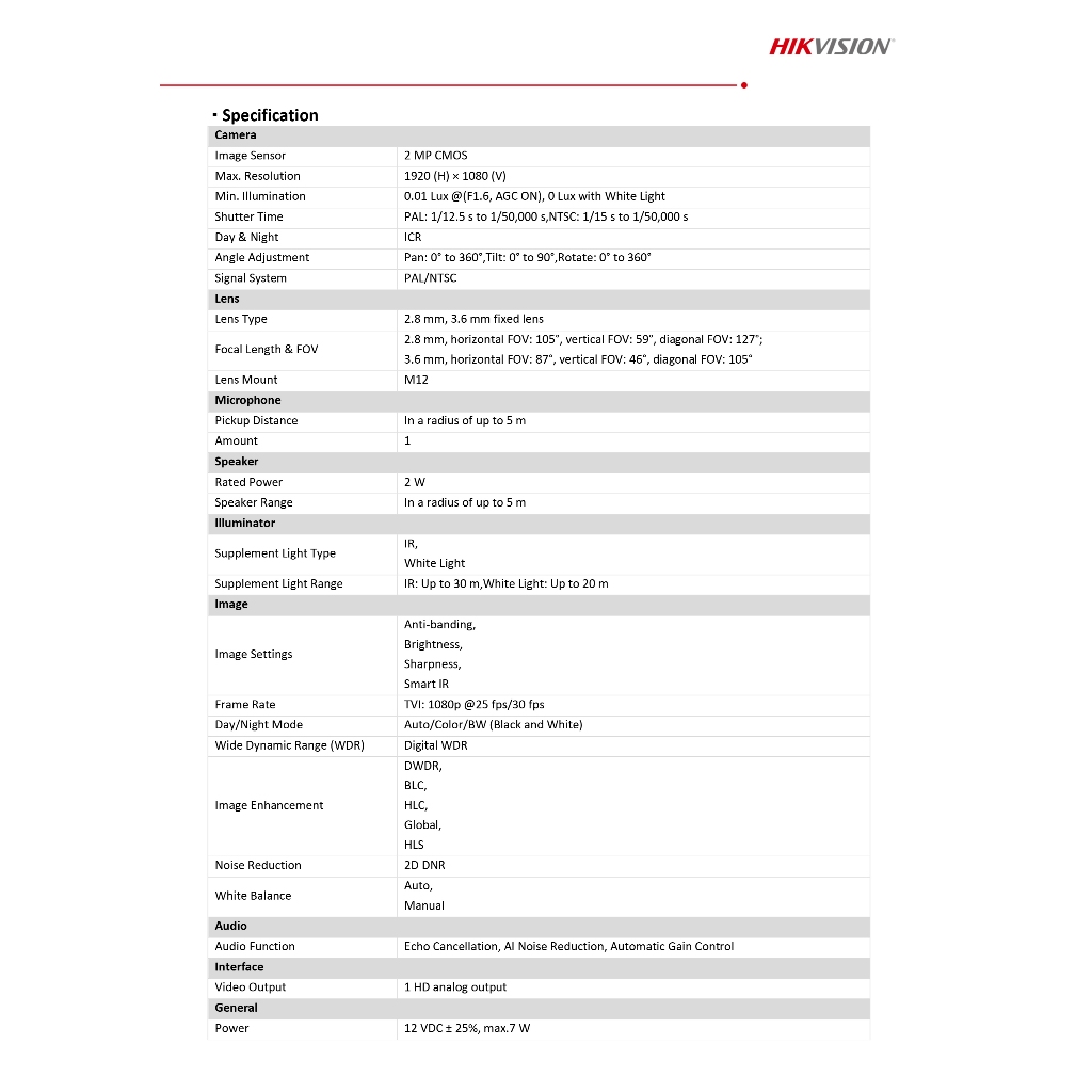 HIKVISION DS-2CE16D0T-LTS (รุ่นใหม่) 2.8 mm. กล้องวงจรปิดระบบ HD 2 MP Smart Hybrid Light มีไมค์และลำโพงในตัว