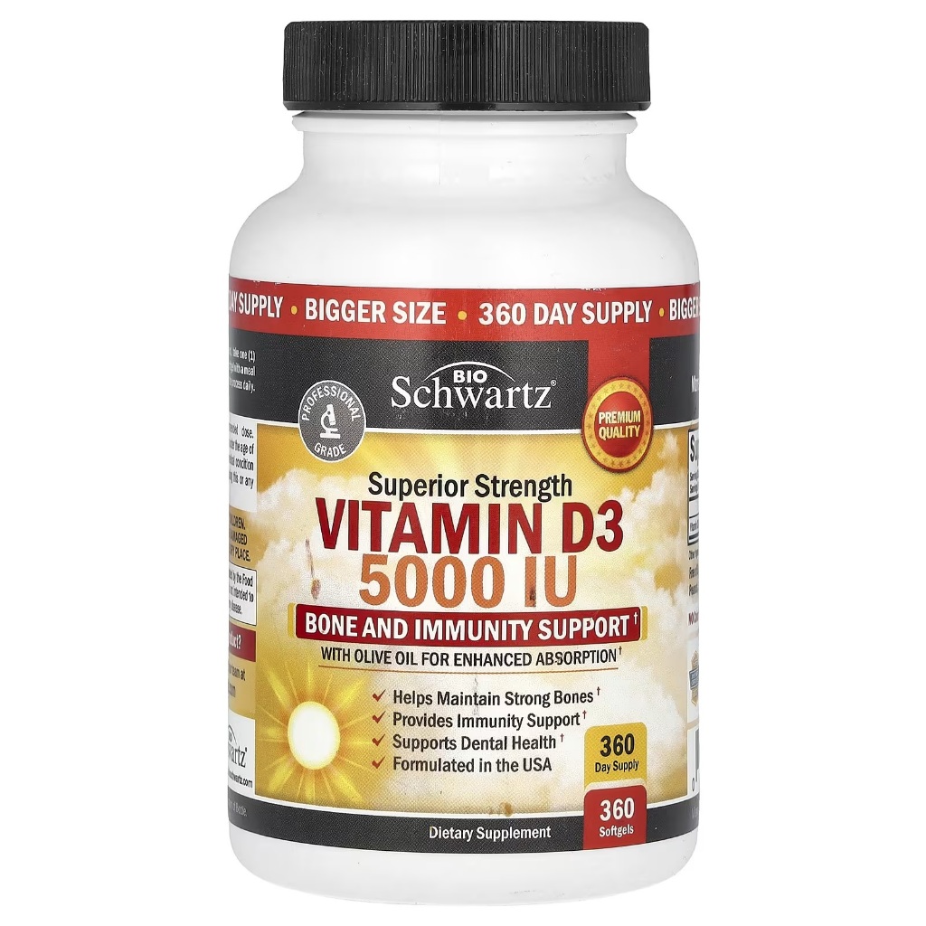 BioSchwartz วิตามินดี3  D3 Vitamin D3 5000 IU บรรจุ 360 แคปซูล สูตรเข้มข้นสูงพิเศษ