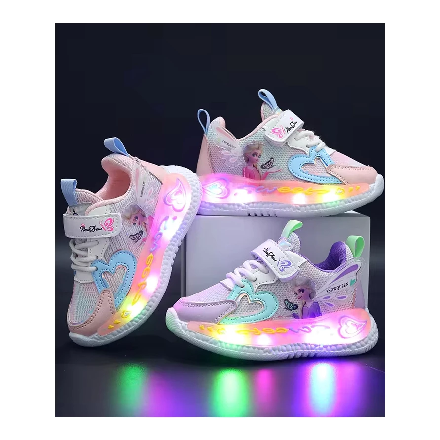 [จัดส่งจากประเทศไทย]รองเท้าผ้าใบลําลอง ลายการ์ตูน มีไฟ LED แฟชั่นสําหรับเด็กผู้หญิง เหมาะกับการเล่นกีฬา เทนนิส size 2