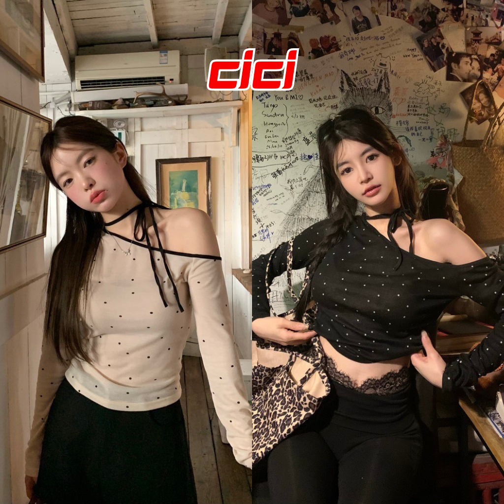 ส่งทันที Cici(NO. J1060) เสื้อครอปแขนยาวปาดไหล่ลายจุด ดีเทลแต่งสายคล้องคอ เข้ารูป ผ้าบางเบา ใส่สบายคิวท์ สไตล์สาวเกาหลี