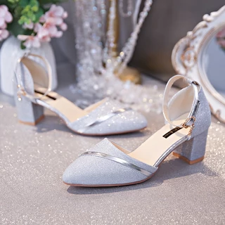 🧡พร้อมส่ง🧡รองเท้าส้นสูงผู้หญิงหนังแท้แฟชั่น วัสดุมันวาว 2 นิ้ว ส้นหนา งานปาร์ตี้ งานแต่งงาน