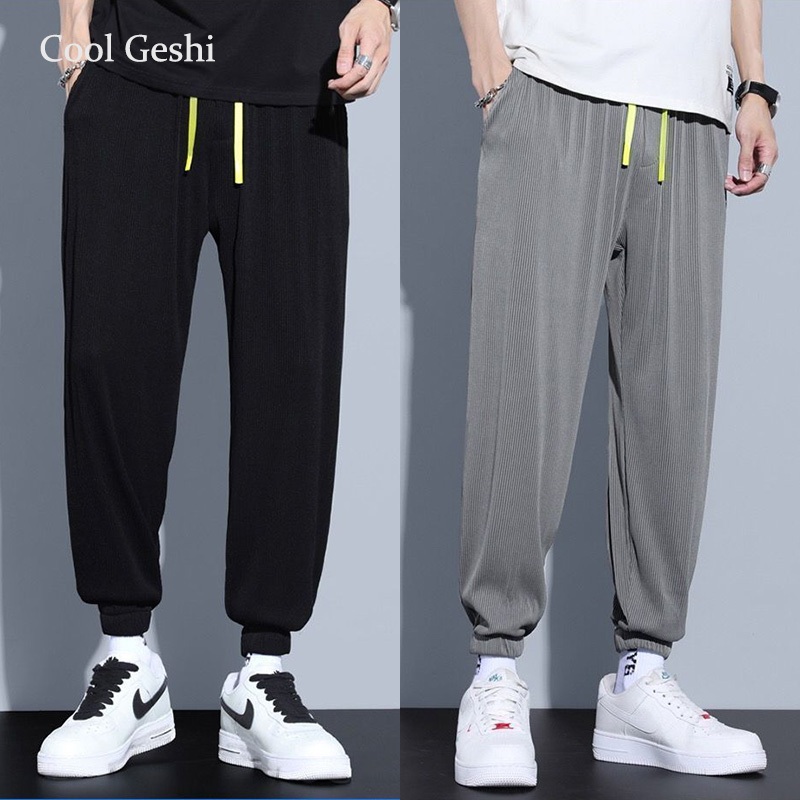 Cool Geshi กางเกงผ้าไหมน้ำแข็งขนาดบวก กางเกงลำลองผู้ชาย กางเกงวอร์ม ทรงหลวม สไตล์เกาหลี มีให้เลือก 3 สี 7 ขนาด