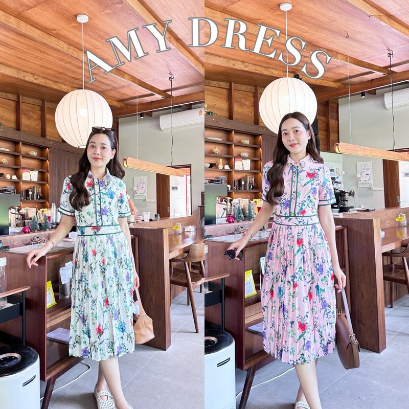 Amy dress เดรสอัดพลีทคอปกลายดอกไม้