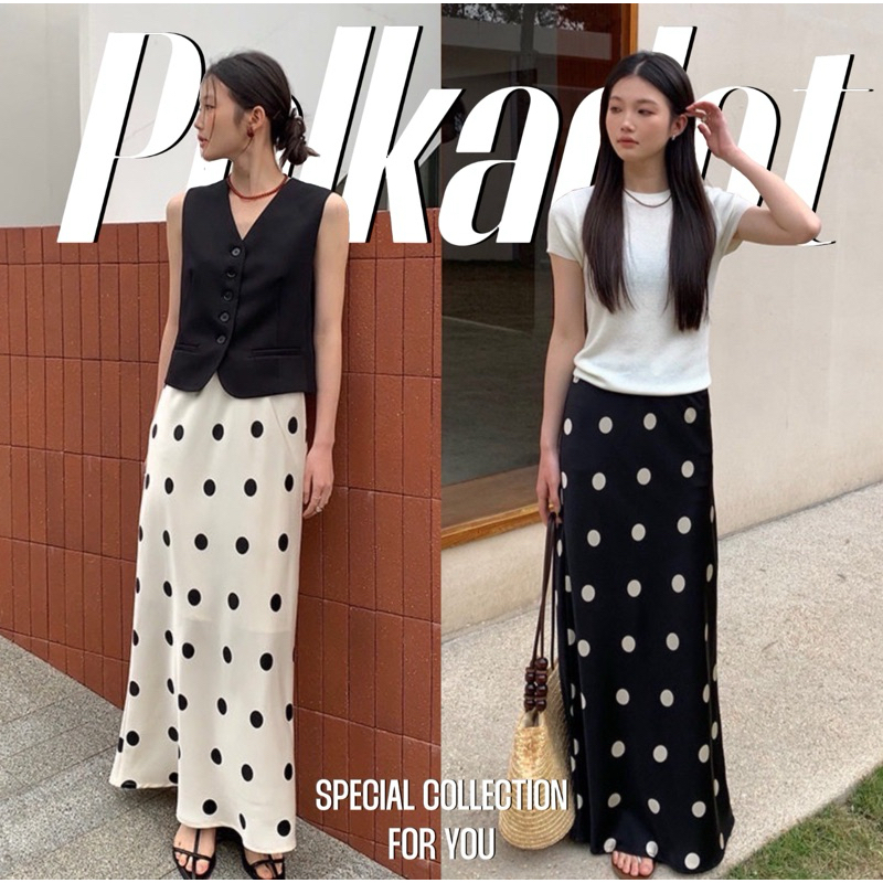 Polkadot satin maxi skirt กระโปรงยาวผ้าซาติน พิมพ์ลายจุดสุดคลาสสิค มี2สี