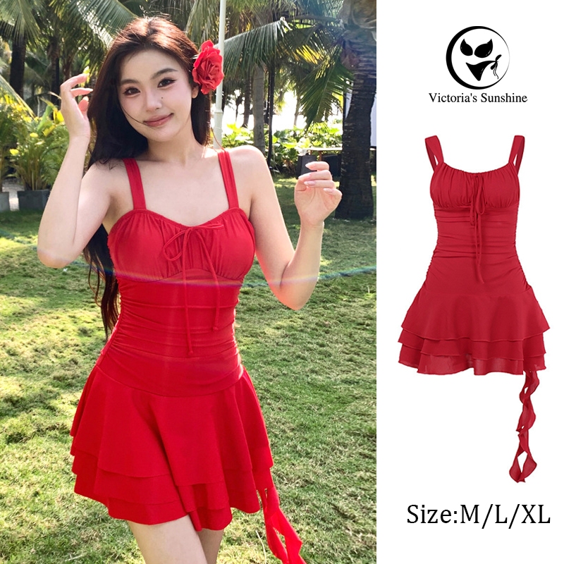 Victoria's Sunshine ชุดว่ายน้ำผู้หญิง สีแดง ชุดว่ายน้ำกระโปรง ผูกหน้าอก สไตล์เซ็กซี่ ส่งไวจากไทย#0376