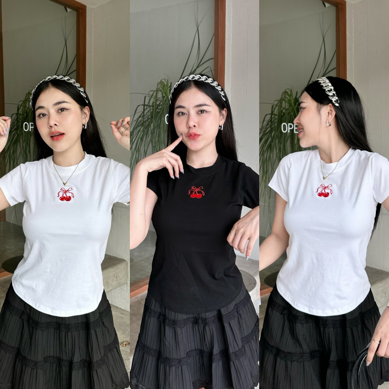 เสื้อยืดเบบี้ที ทรงเข้ารูป ผ้ายืดยูนิโค่ ปักเชอร์รี่ ผ้ายืดเยอะมาก ใส่สบายนิ่มไม่คัน BABY TEE พร้อมส่ง รุ่น ลูกพลัม