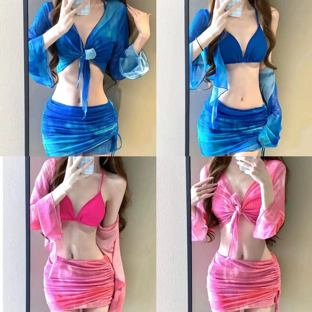 ชุดว่ายน้ำผู้หญิง เซต 4 ชิ้น ทูพีซสีพื้น+เสื้อคลุมแขนยาวผูกหน้า กระโปรงคลุมบิกินี่รูดข้าง พิมพ์ลายมัดย้อม มี2สี ฟ้า ชมพู