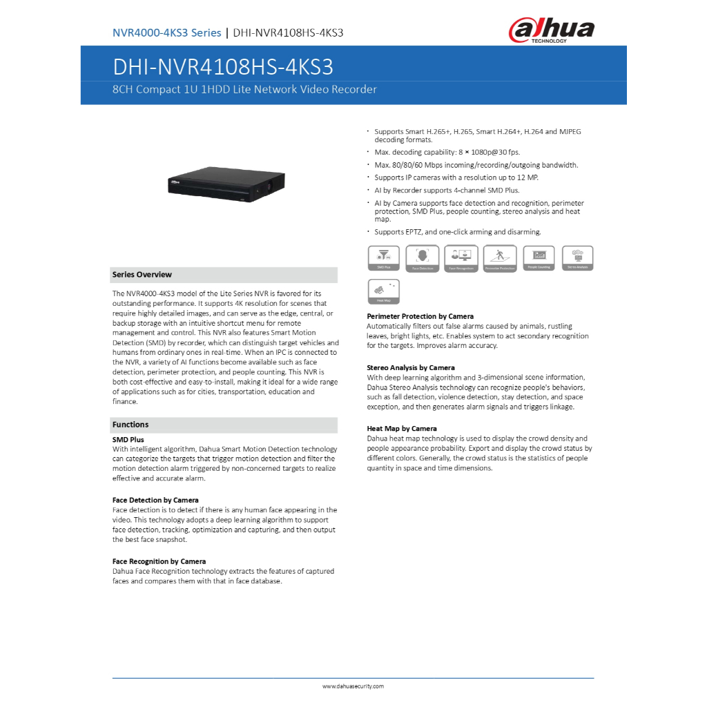 Dahua เครื่องบันทึกกล้องวงจรปิด 8CH Compact 1U 1HDD Lite Network Video Recorder รุ่น NVR4108HS-4KS3