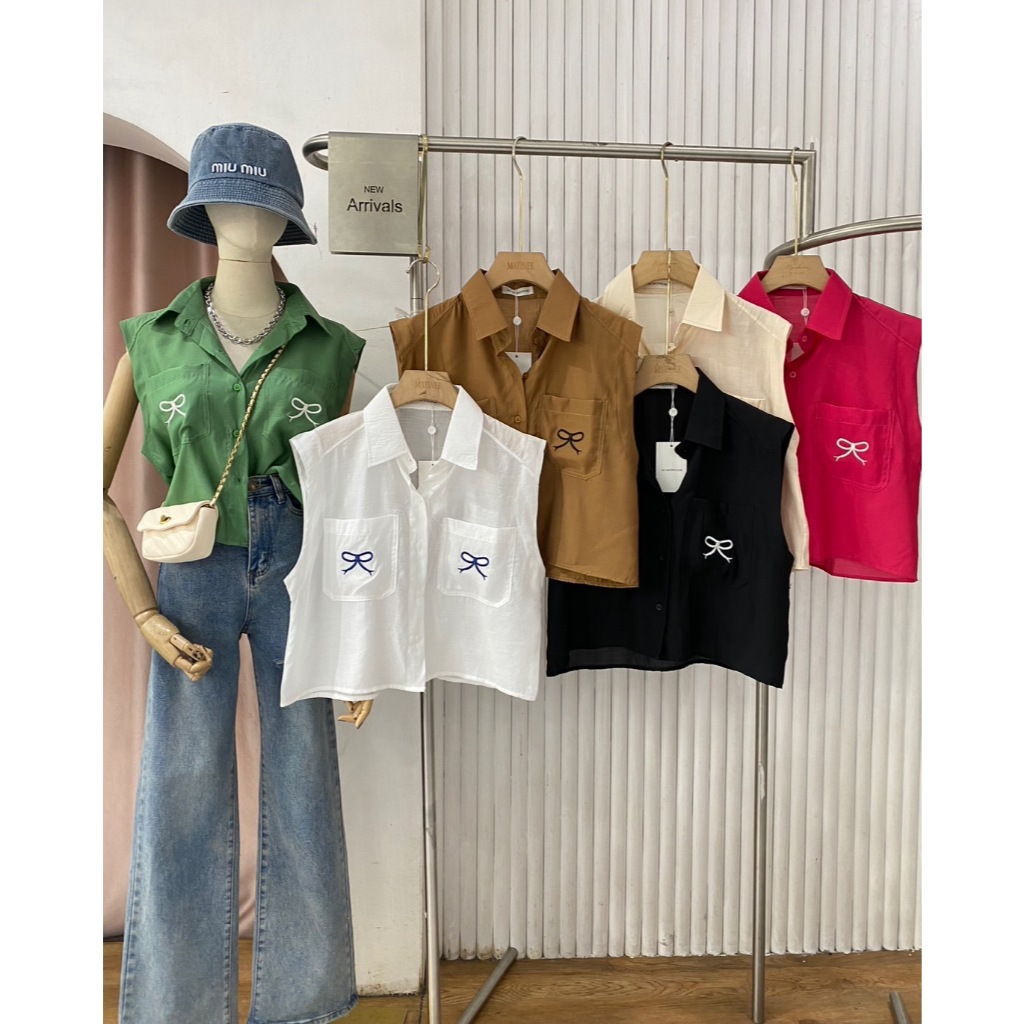 M1408 MATINEE เสื้อเชิ้ตแขนกุดปักกระเป๋า 6 สีสวย ผ้าพริ้ว ใส่สบาย 250-