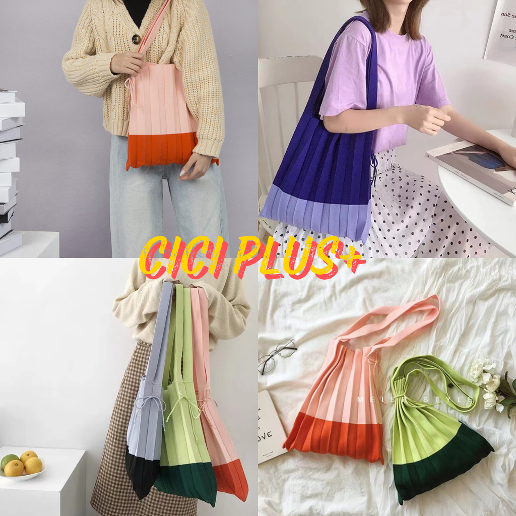 CiCi Plus+(A823-5)กระเป๋าผ้าไหมพรมทูโทน มีสายผูกโบว์ สีสันน่ารักสุดเก๋ๆ