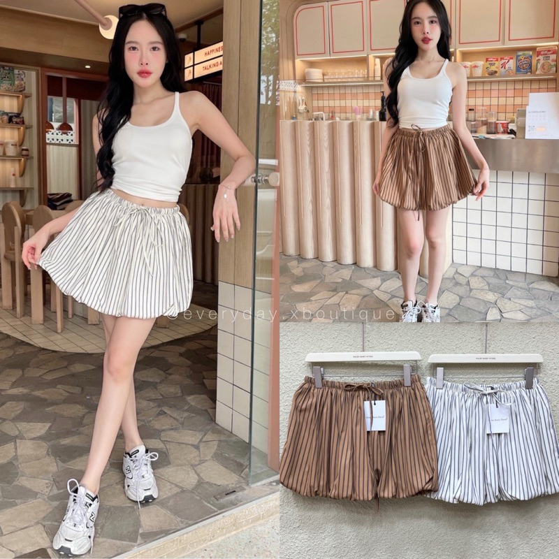 Balloon stripe skirt (370฿) กระโปรงสั้นทรงบอลลูน แบบใหม่แบบสับ ลายริ้ว ทรงสวยมากก มีเชือกผูกเอว และซับในกางเกง valen