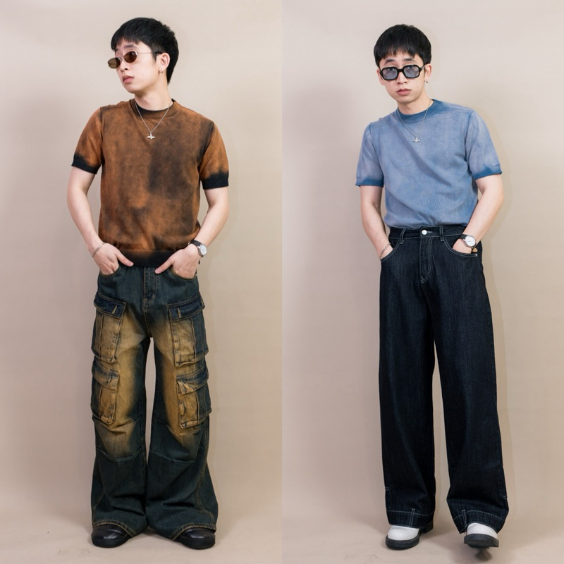 AMIR T-shirt เสื้อยืดไหมพรมคอกลมผ้ายืดสีฟอก