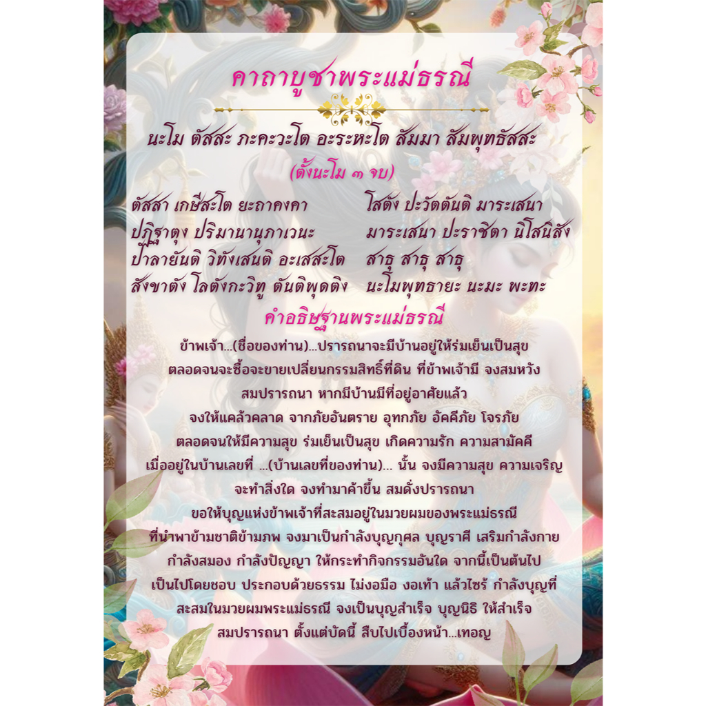 บทสวดมนต์คาถาบูชาพระแม่ธรณี แบบที่ 4 (สีชมพู) มีขนาด A5-A3 เคลือบพลาสติกกันน้ำอย่างดี