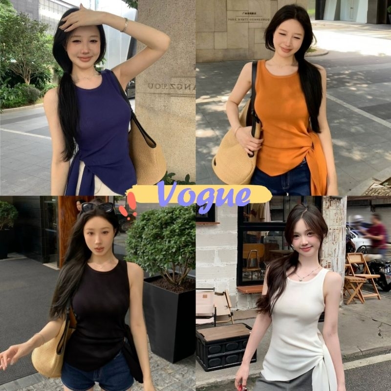 Vogue พร้อมส่ง เสื้อกล้ามไหมพรม เสื้อกล้ามถัก คอกลม ดีเทลผูกเอวด้านข้าง สีพื้น (X71)